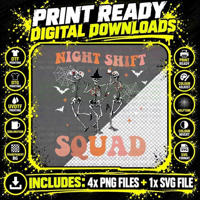 Skeleton Dancing Nurse Night Squad Shift Halloween Women Png SVG Digital Bundle