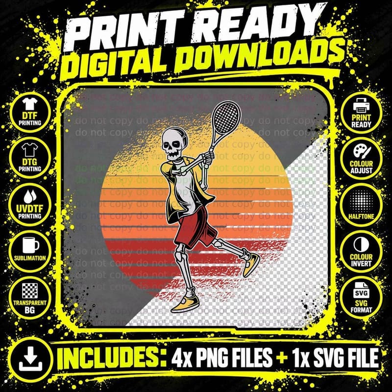 Skeleton Tennis Player Lazy Halloween Costume Retro Png SVG Digital Bundle