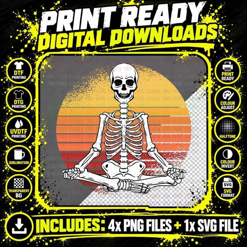Skeleton Yoga Lazy Halloween Costume Retro Meditation Png SVG Digital Bundle