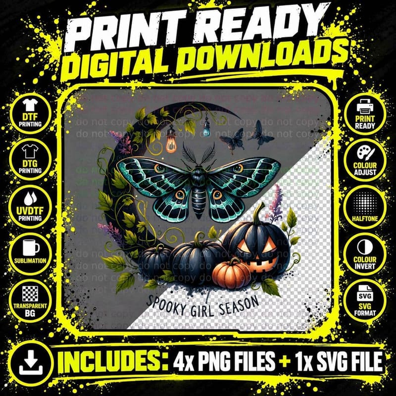Spooky Girl Season Moth, Retro Vintage, Gift Idea Png SVG Digital Bundle