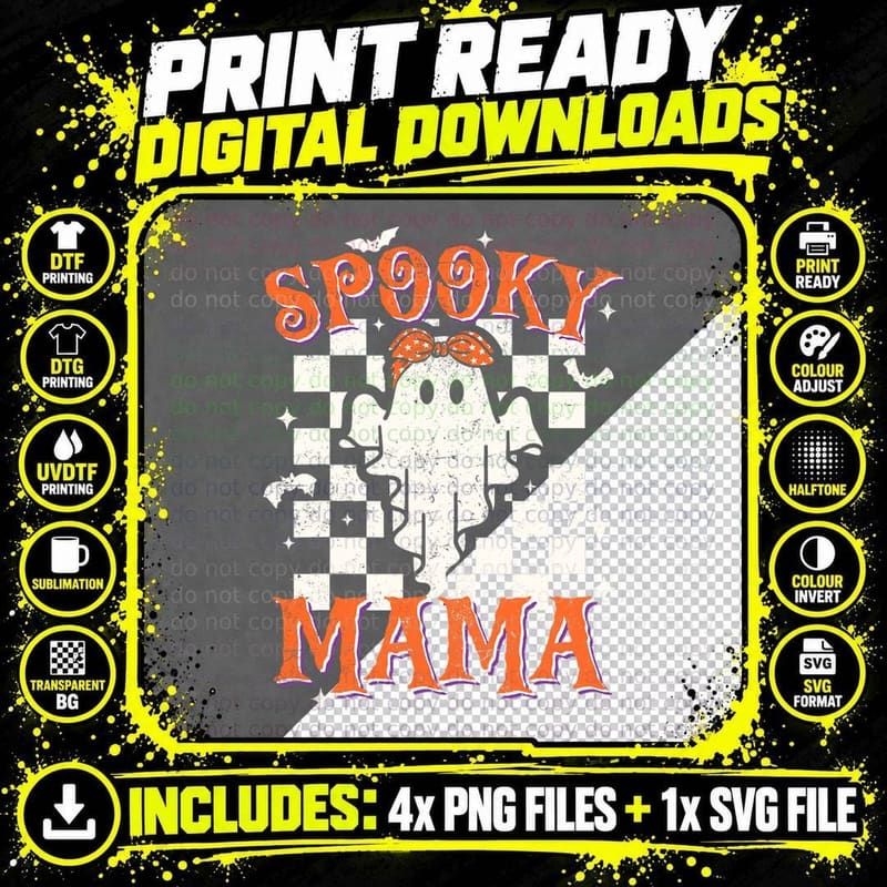 Spooky Mama Mom Cute Ghost Retro Spooky Season Halloween Png SVG Digital Bundle