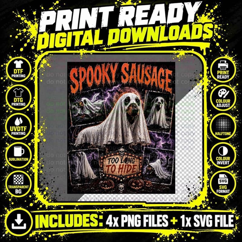 Spooky Sausage Dachshund Ghost Halloween Retro Horror Png SVG Digital Bundle