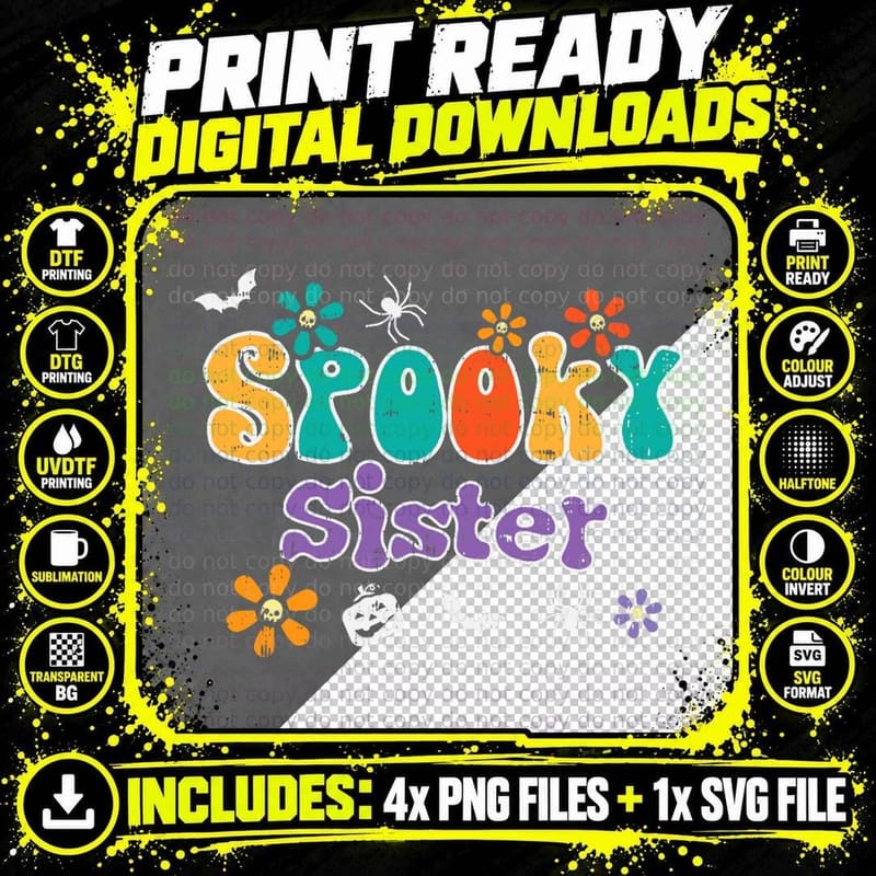 Spooky Sister Retro Vintage Groovy Matching Halloween Png SVG Digital Bundle