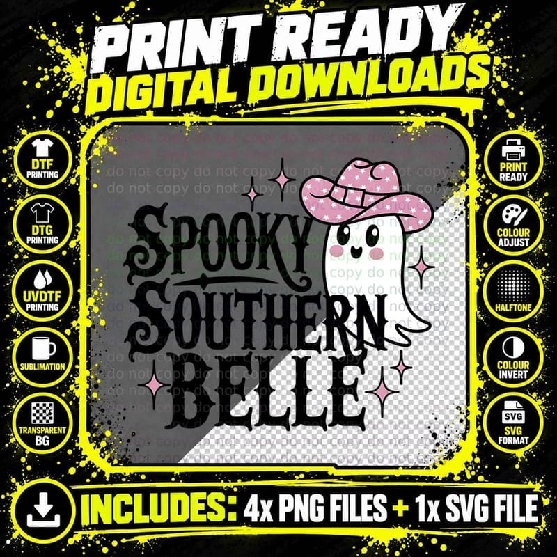 Spooky Southern Belle Cartoon Ghost Cowgirl Hat Png SVG Digital Bundle