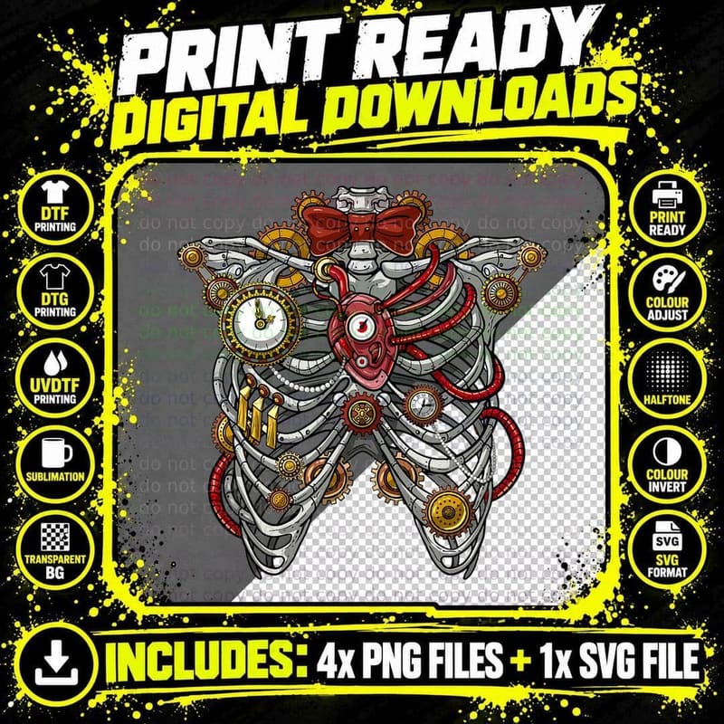 Steampunk Ribcage Skeleton Anatomy Mechanical Gears Png SVG Digital Bundle