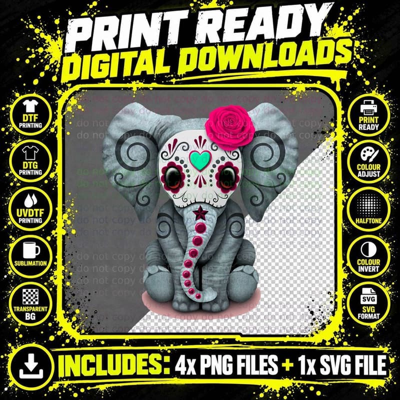 Sugar Skull Red Rose Elephant Day of the Dead Halloween Png SVG Digital Bundle