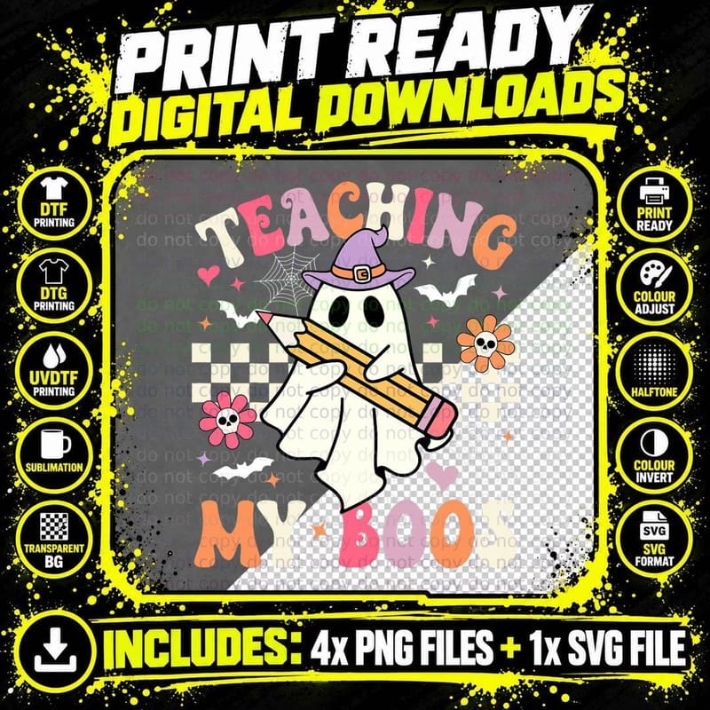 Teaching My Boos Teacher Cute Ghost Groovy Teacher Png SVG Digital Bundle