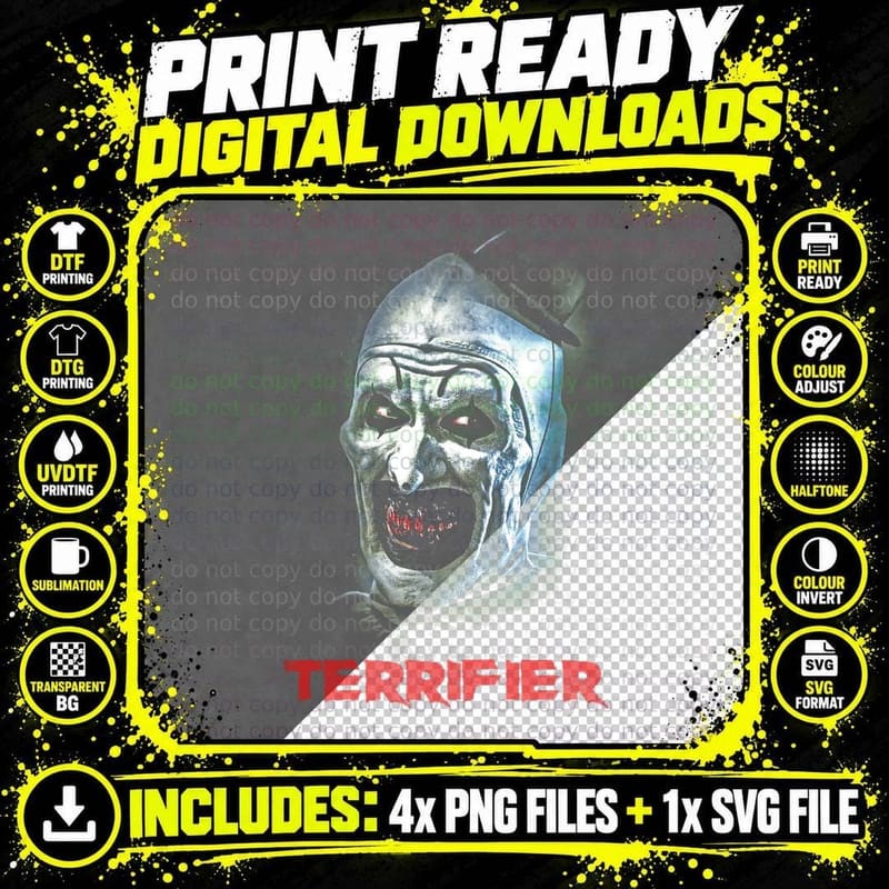 Terrifier Skull Halftone T-Shirt, Halloween Slasher Tee Png SVG Digital Bundle