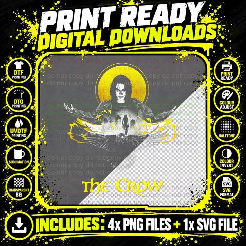 The Crow Halftone Vintage Horror T-Shirt, Angel Wings Tee Png SVG Digital Bundle