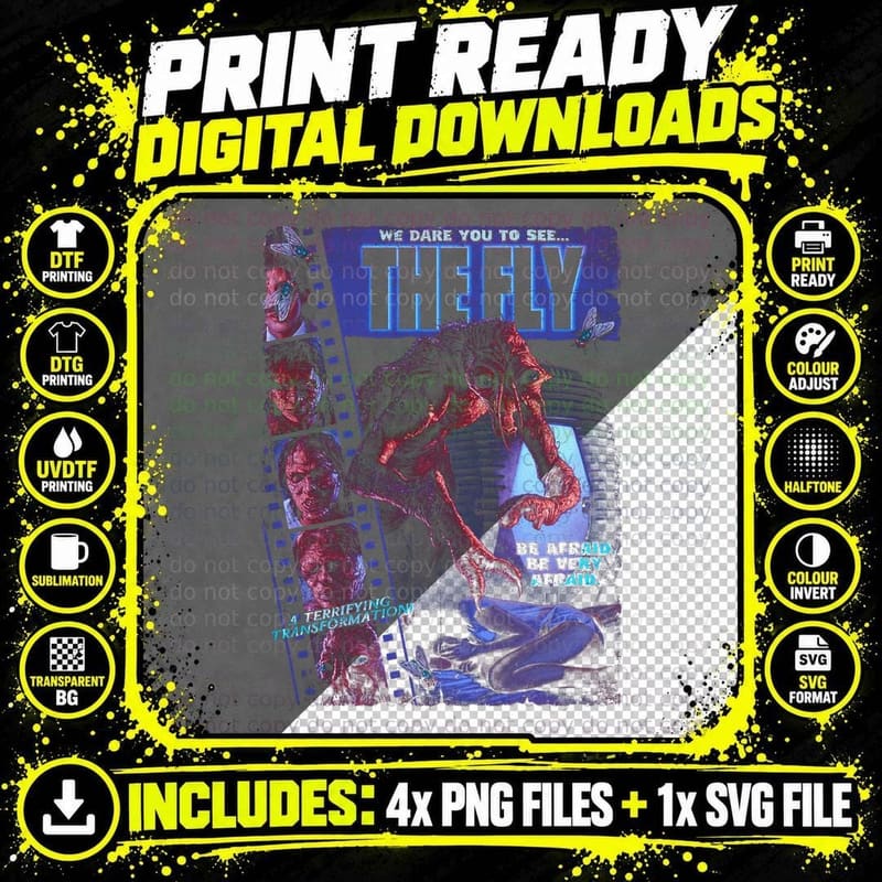 The Fly Halftone Horror T-Shirt, Retro Sci-Fi Thriller Png SVG Digital Bundle