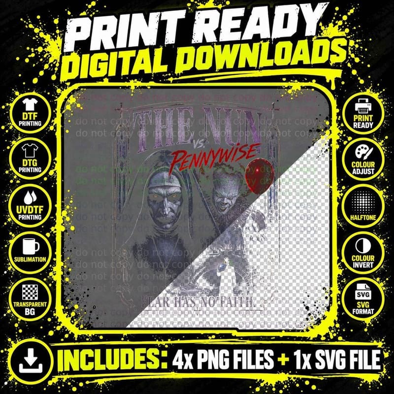 The Nun Pennywise Vintage Horror Gothic Retro Halftone Png SVG Digital Bundle