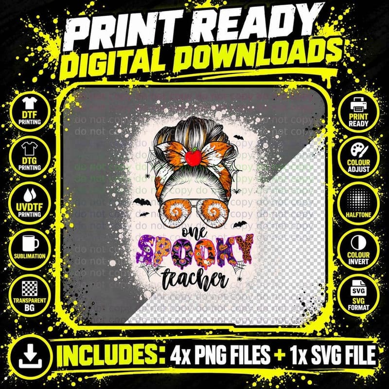 Tie Dye One Spooky Teacher Halloween Messy Bun Girl Png SVG Digital Bundle