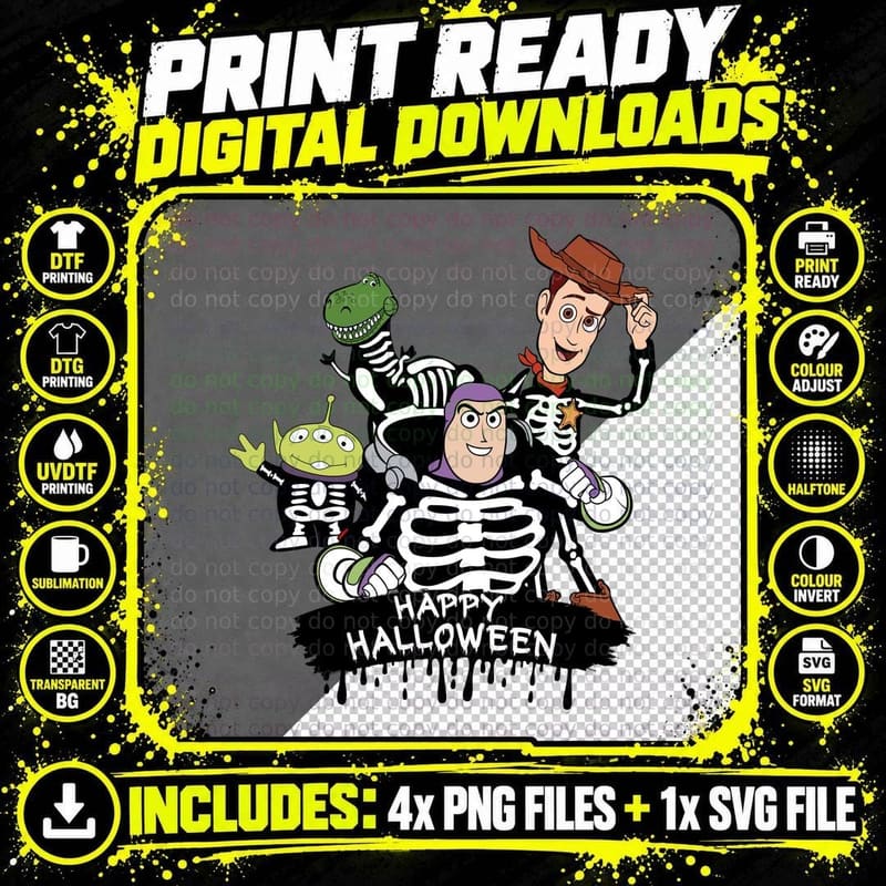 Toy Story Characters Halloween Skeletons T-Shirt Png SVG Digital Bundle