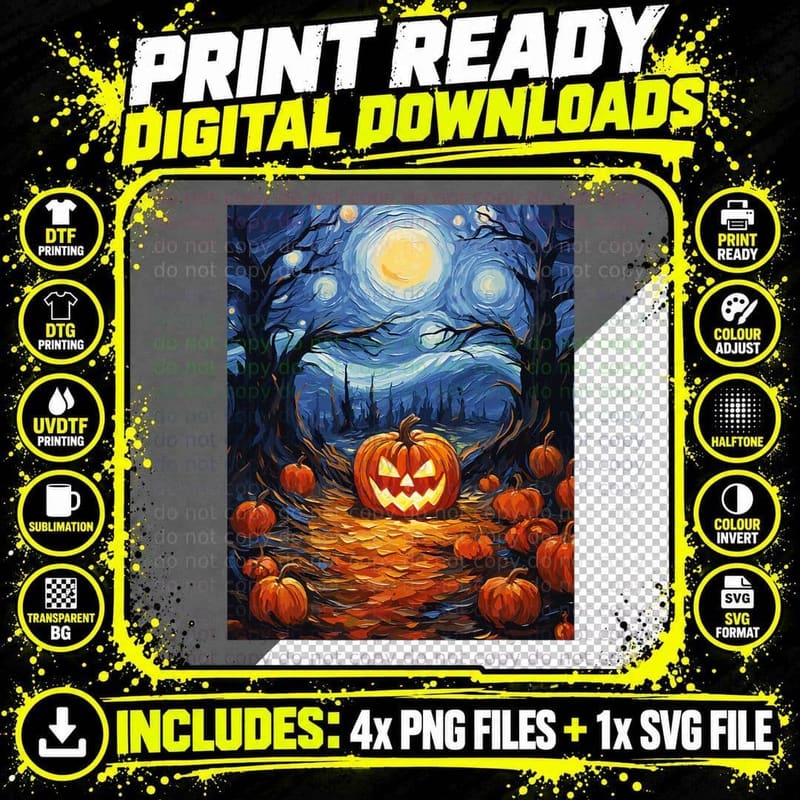 Van Gogh Starry Night Halloween Jack O' Lantern Fall Png SVG Digital Bundle