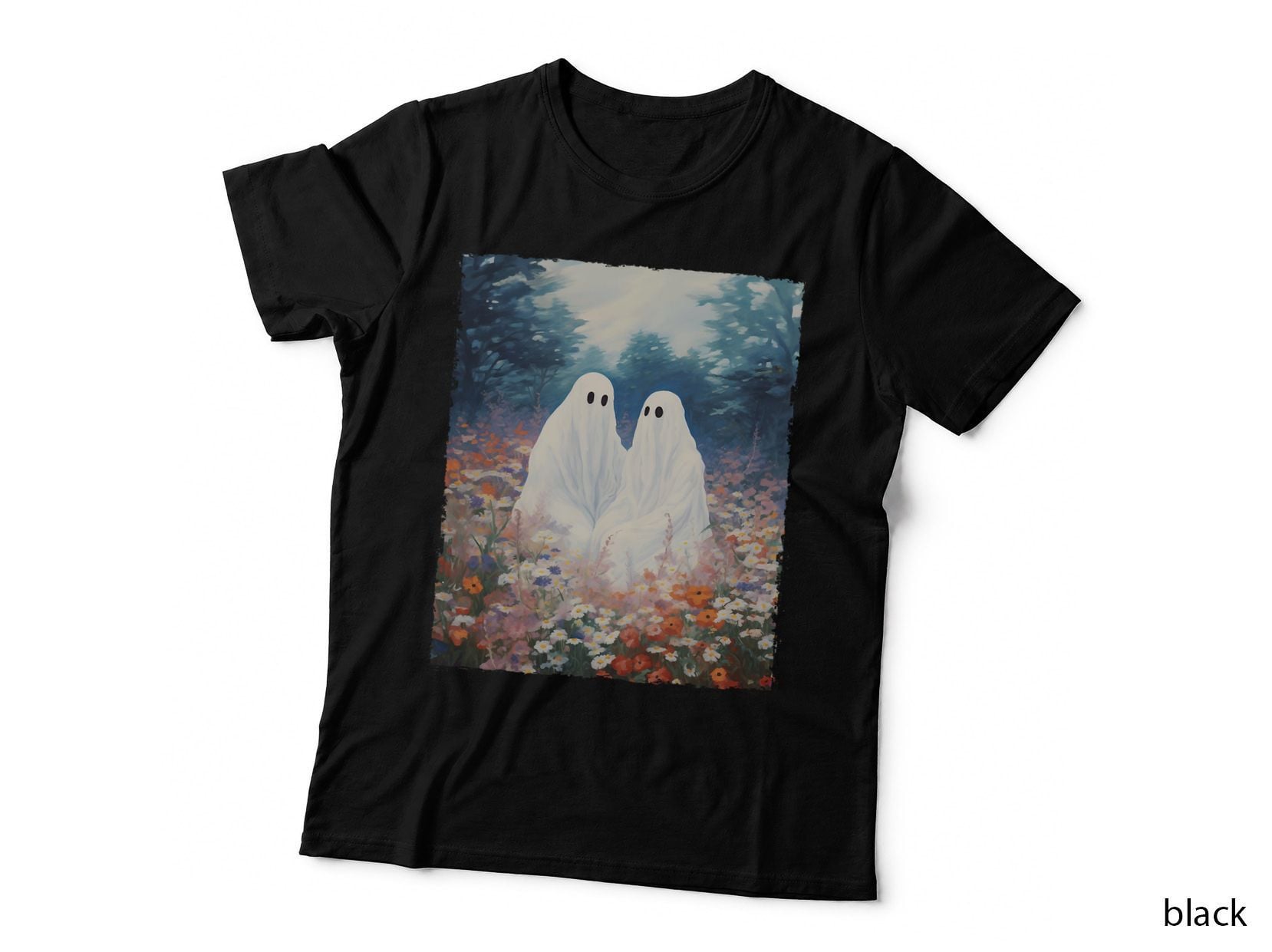 Vintage Gothic Floral Halloween Ghost Couple in the Forest T-Shirt