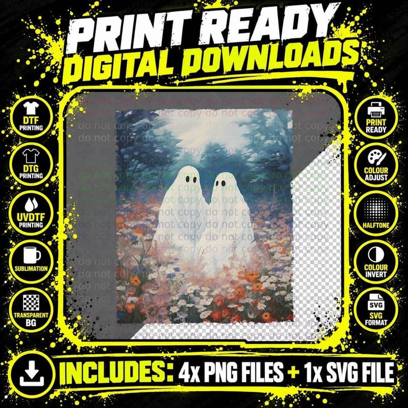 Vintage Gothic Floral Halloween Ghost Couple in the Png SVG Digital Bundle