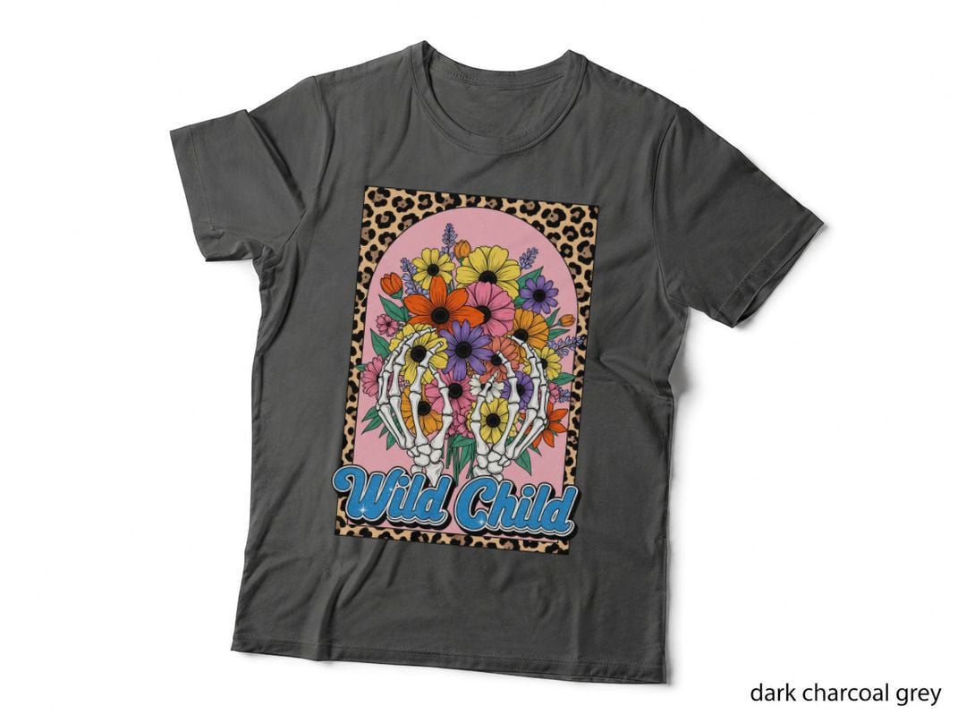 Wild Child Toddler Kids T-Shirt, Floral Skeleton Hand Pink Background Graphic