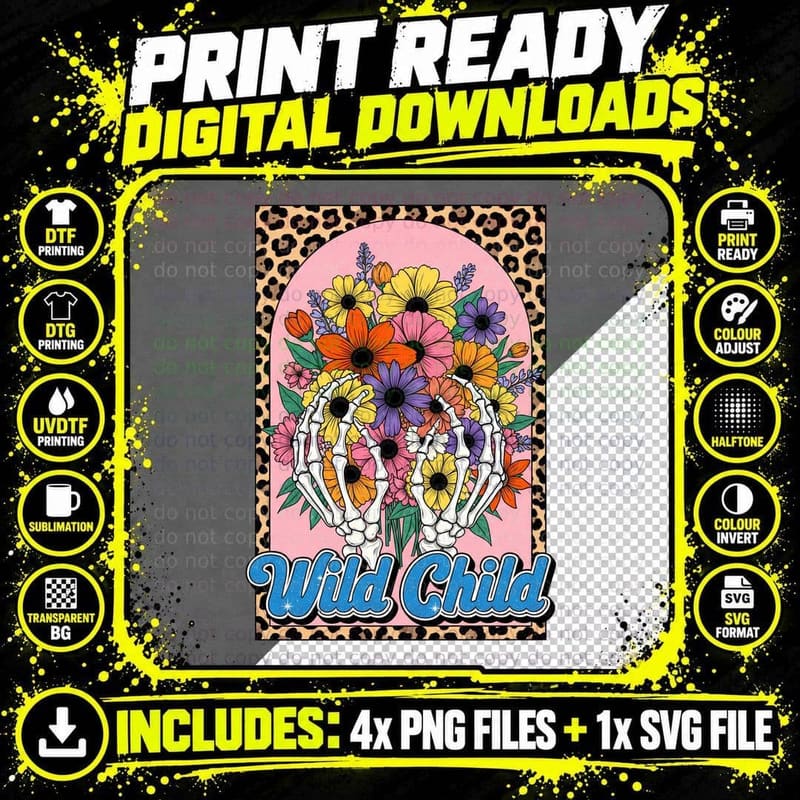 Wild Child Toddler Kids T-Shirt, Floral Skeleton Hand Png SVG Digital Bundle