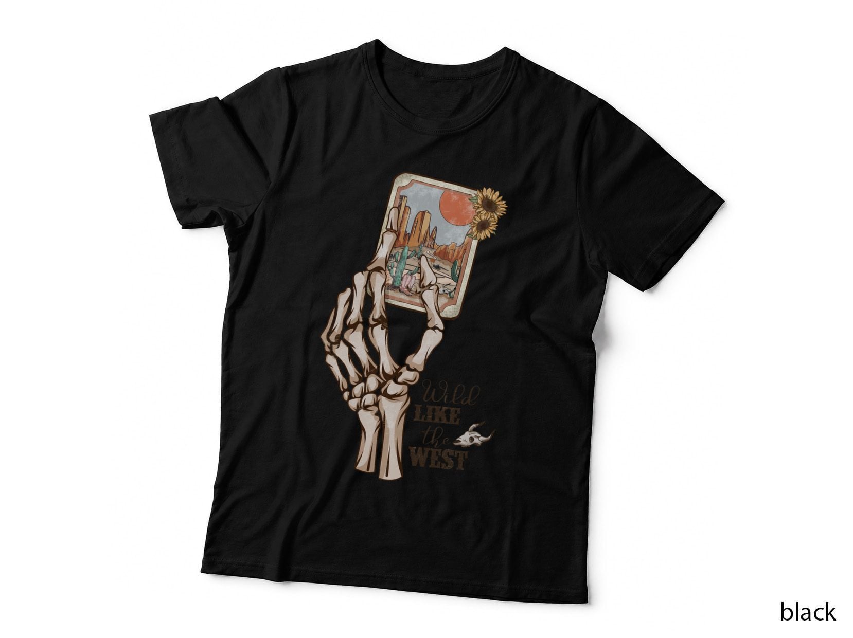 Wild Like the West Western T-Shirt, Skeleton Hand Holding Desert Card Graphic