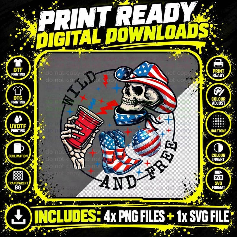 Wild and Free Western T-Shirt, Skeleton Cowboy Holding Png SVG Digital Bundle