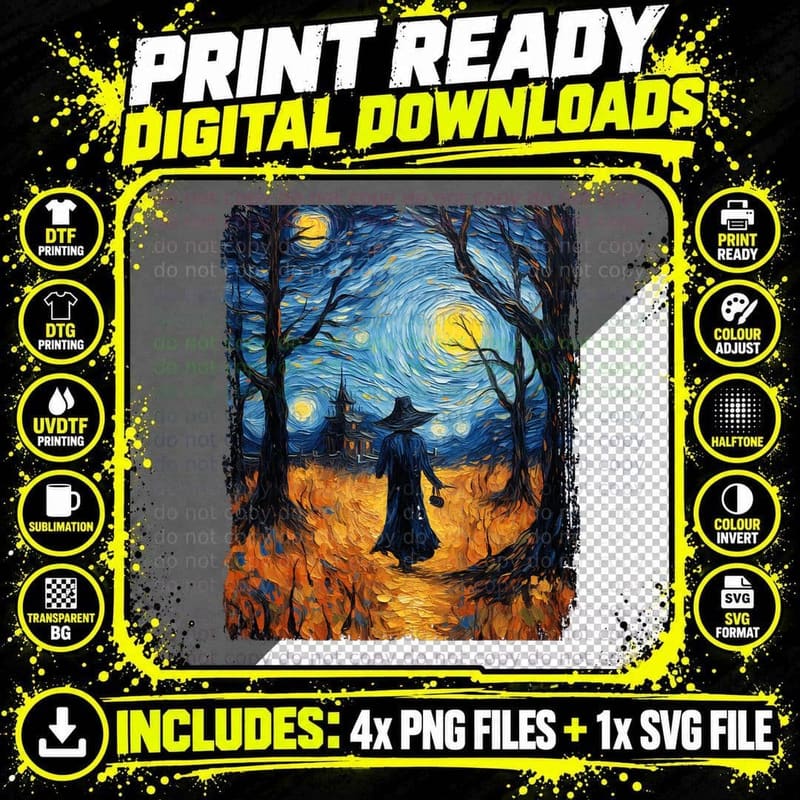 Witch Halloween Starry Night Van Gogh Costume Art Png SVG Digital Bundle