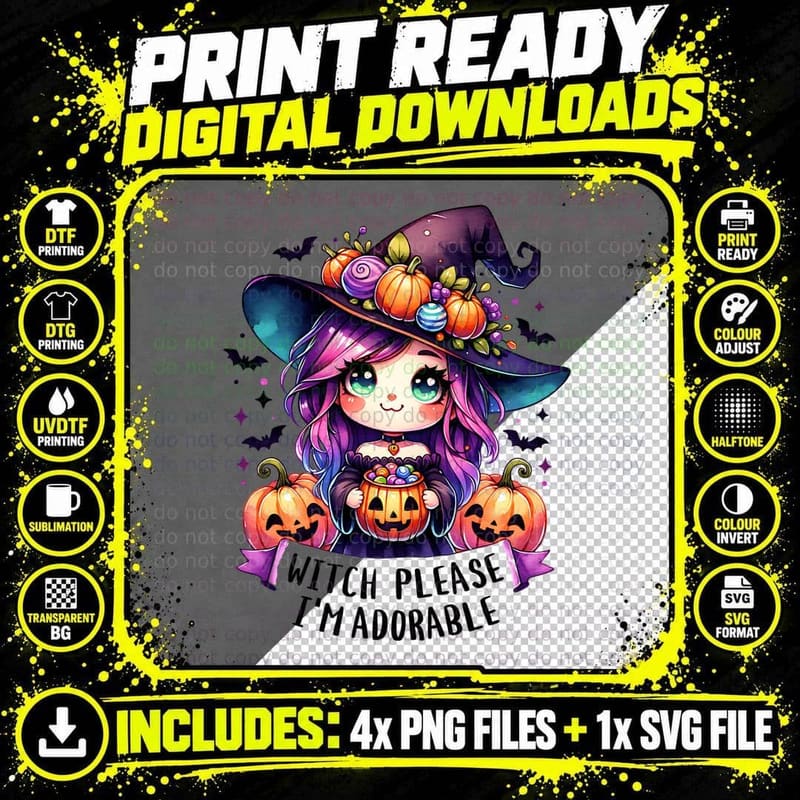 Witch Please I'm Adorable, Retro Vintage Png SVG Digital Bundle