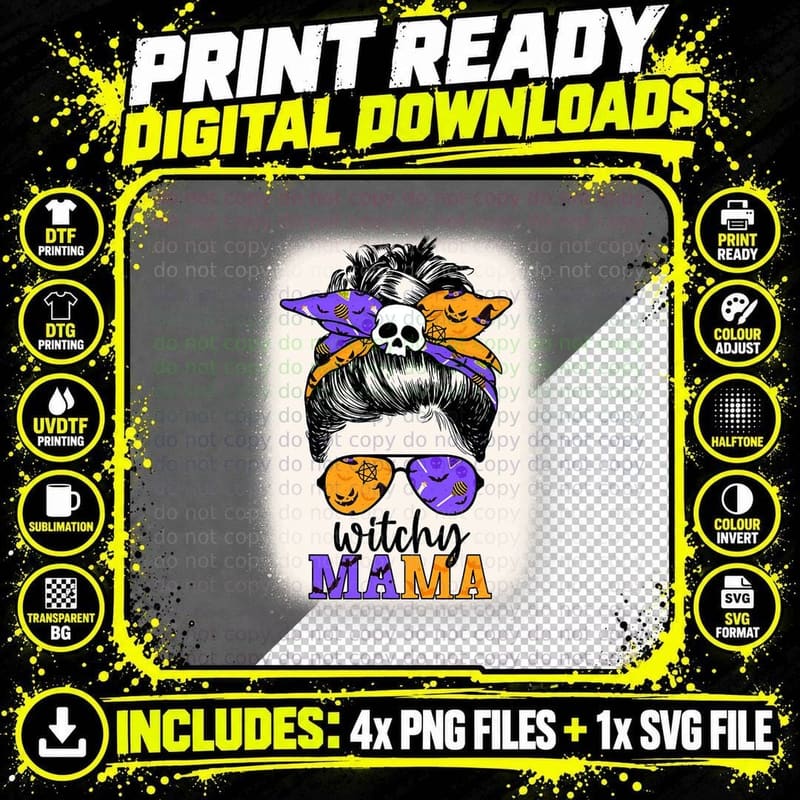 Witchy Mama Halloween Skull Witch Mom Messy Bun Women Png SVG Digital Bundle