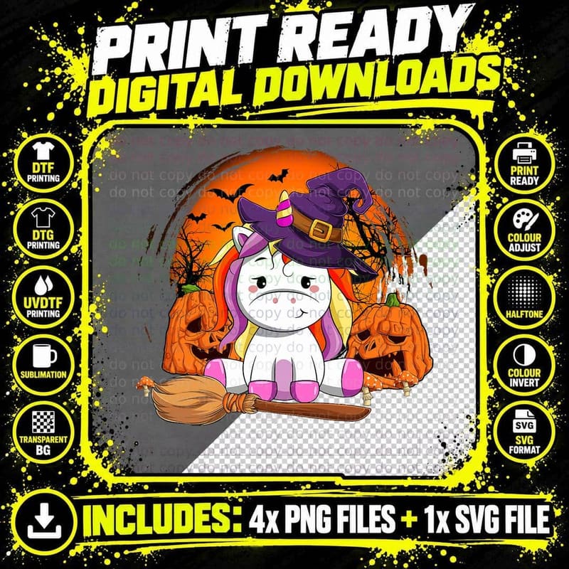 Witchy Unicorn Halloween Pumpkin Girl Women Cute Png SVG Digital Bundle