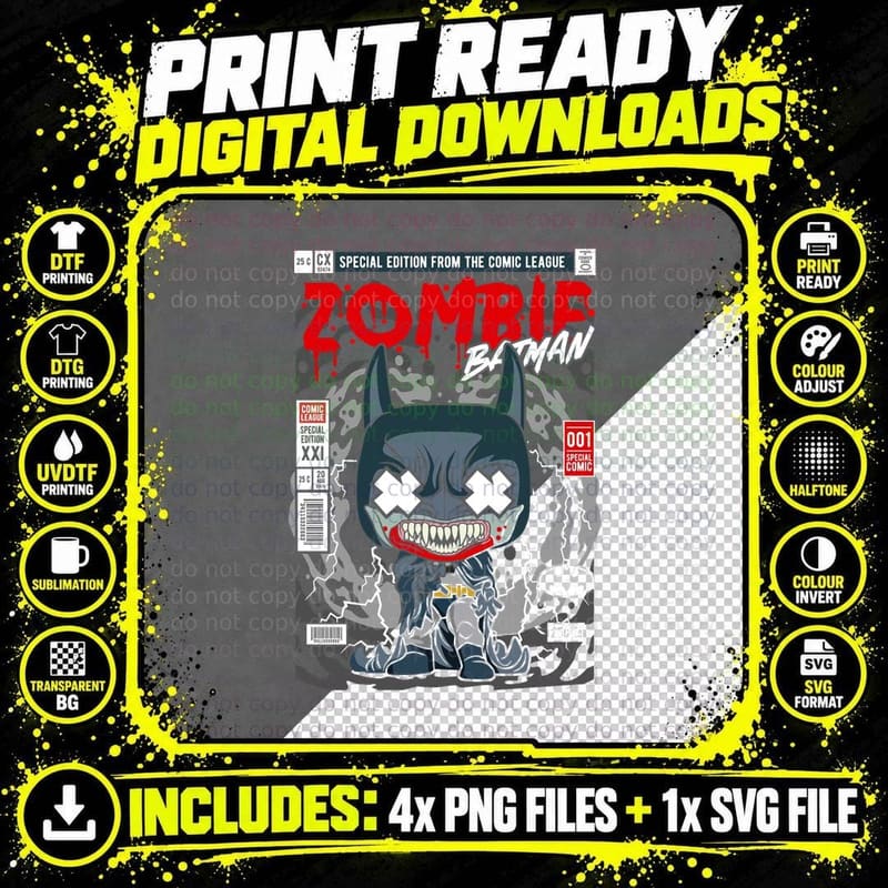 Zombie Batman T-Shirt, Comic League Art Png SVG Digital Bundle
