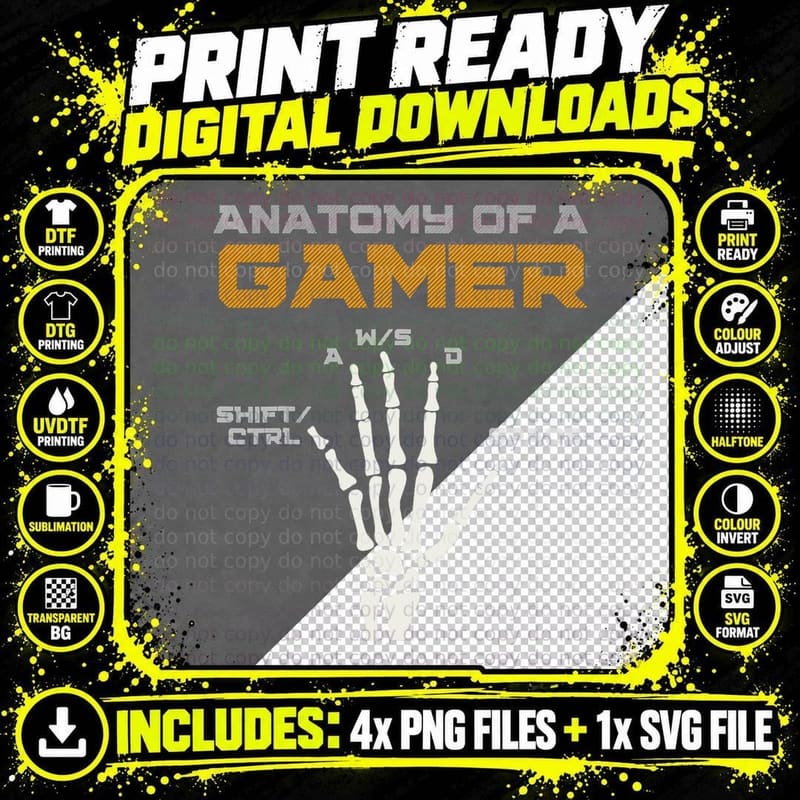 Anatomy of a Gamer Skeleton Hand Computer Gamer Boys Men Png SVG Digital Bundle