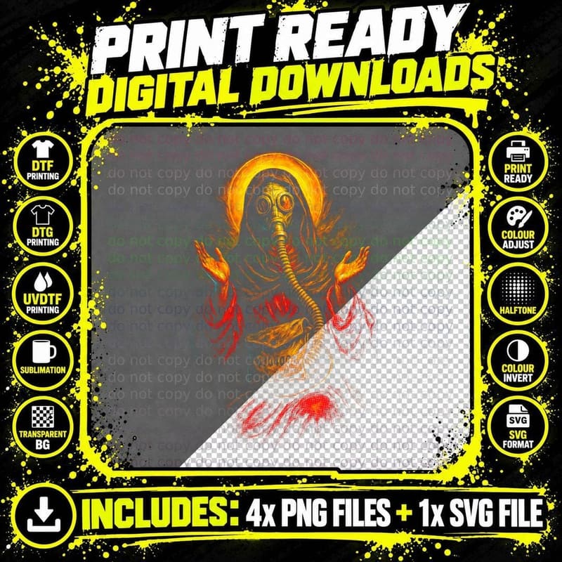 Apocalyptic Saint Gas Mask T-Shirt, Modern Religious Art Png SVG Digital Bundle