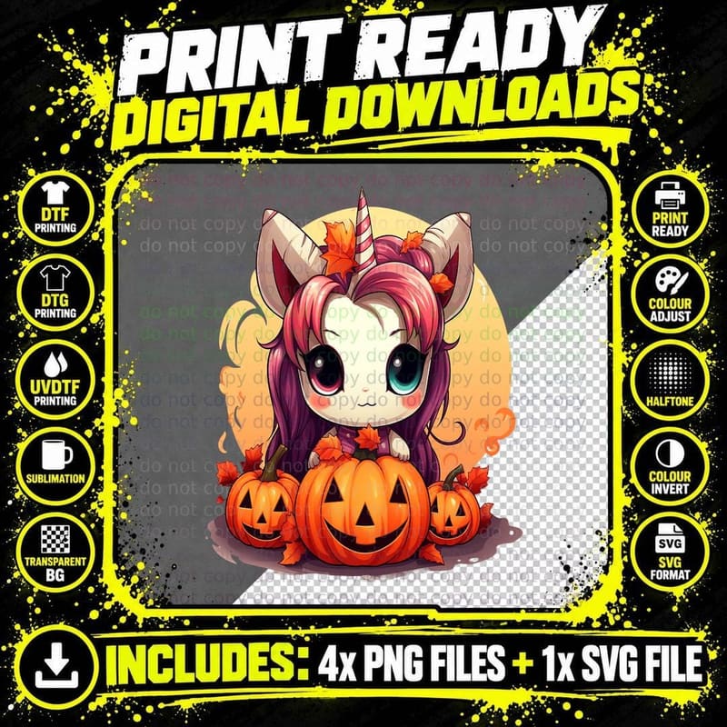Autumn Halloween Costume Kawaii Pumpkin Unicorn Magic Png SVG Digital Bundle