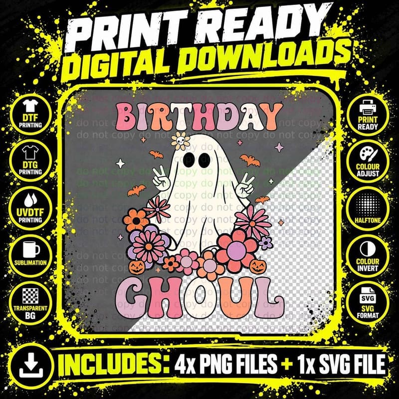 Birthday Ghoul Toddler Hippie Halloween Ghost T-Shirt Png SVG Digital Bundle