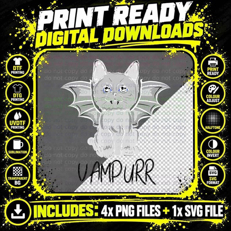 Black Bat Cat Halloween Vampire Vampurr Costume T-Shirt Png SVG Digital Bundle