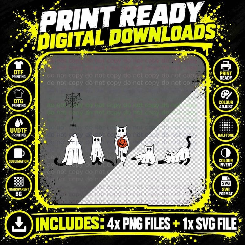 Black Cats Ghost Pumpkin Halloween Cat Lovers Spooky Png SVG Digital Bundle