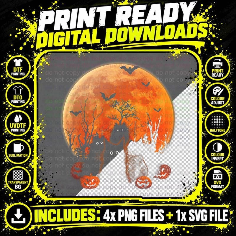 Black Cats Moon Pumpkin Funny Halloween Horror Gifts Png SVG Digital Bundle