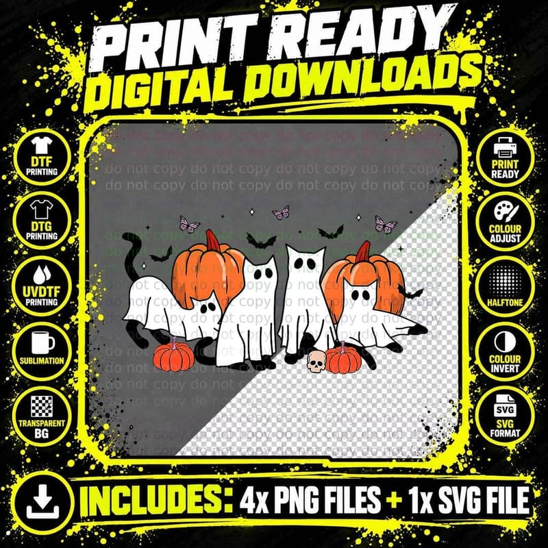 Black Cats in Ghost Costume Pumpkin Halloween Women Men Png SVG Digital Bundle