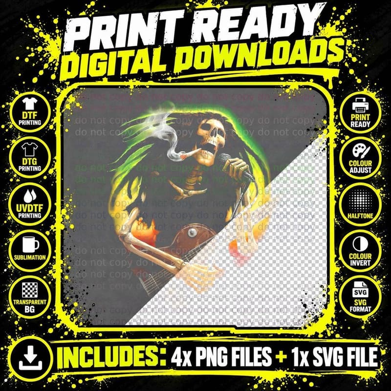 Bob Marley Skeleton Guitar T-Shirt, Reggae Legend Print Png SVG Digital Bundle