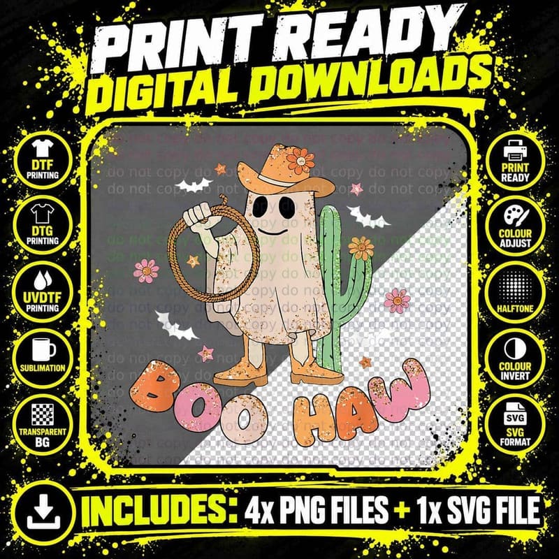 Boo Haw Cowboy Groovy Vintage Ghost Retro Halloween Png SVG Digital Bundle