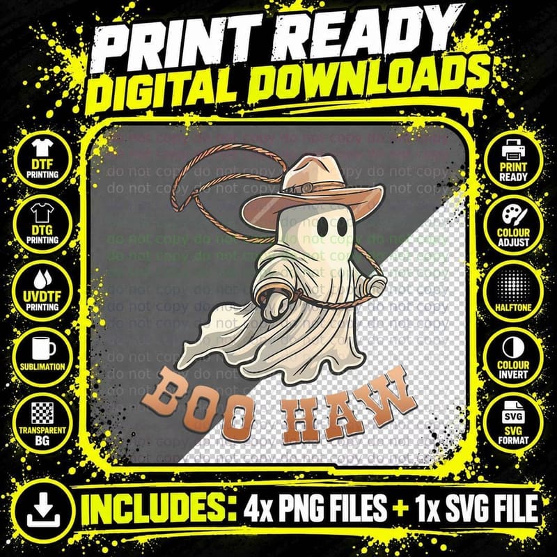 Boo Haw Ghost Spooky Cowboy Western Vintage Halloween Png SVG Digital Bundle