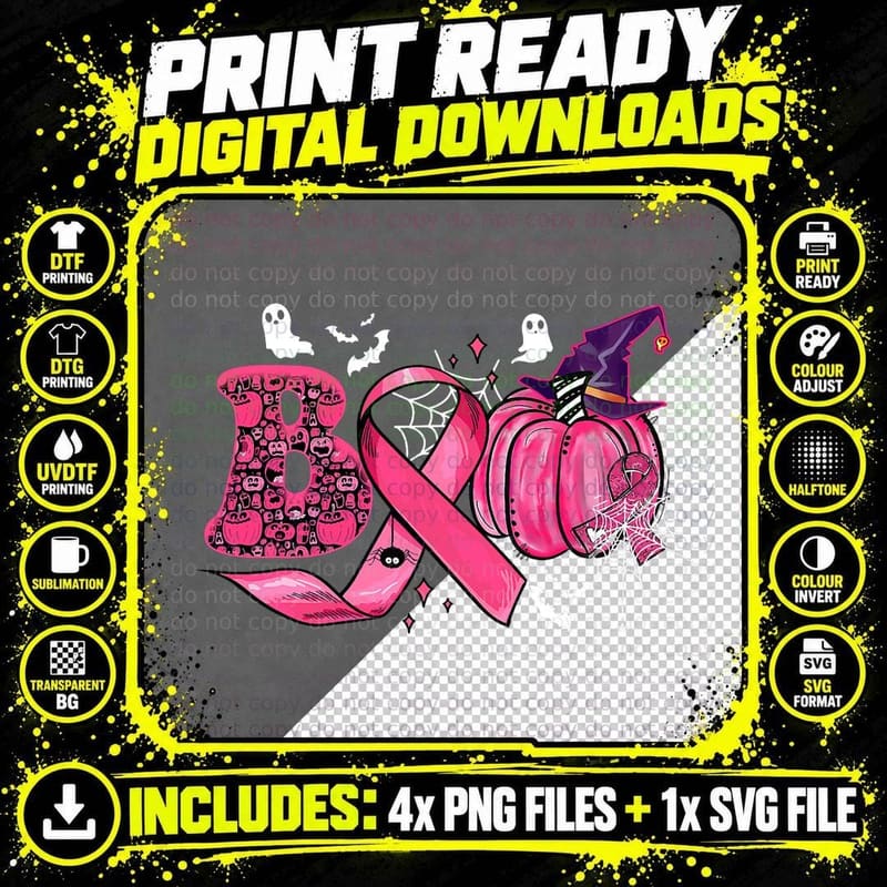 Boo Pumpkin Pink Ribbon Funny Breast Cancer Halloween Png SVG Digital Bundle