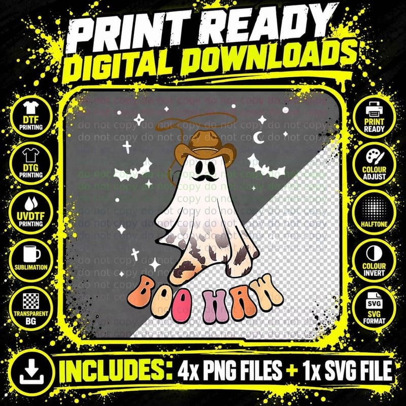 Boohaw Ghost Cute Retro Halloween Cowboy T-Shirt Png SVG Digital Bundle