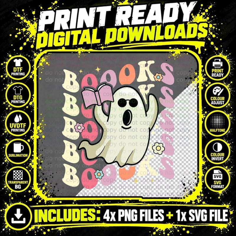 Boooks Ghost Groovy Book Reading Halloween Teacher Women Png SVG Digital Bundle