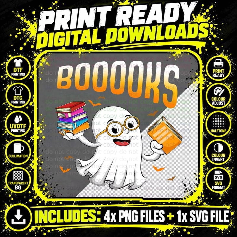 Booooks Halloween Costume Ghost Reading Library Books Png SVG Digital Bundle