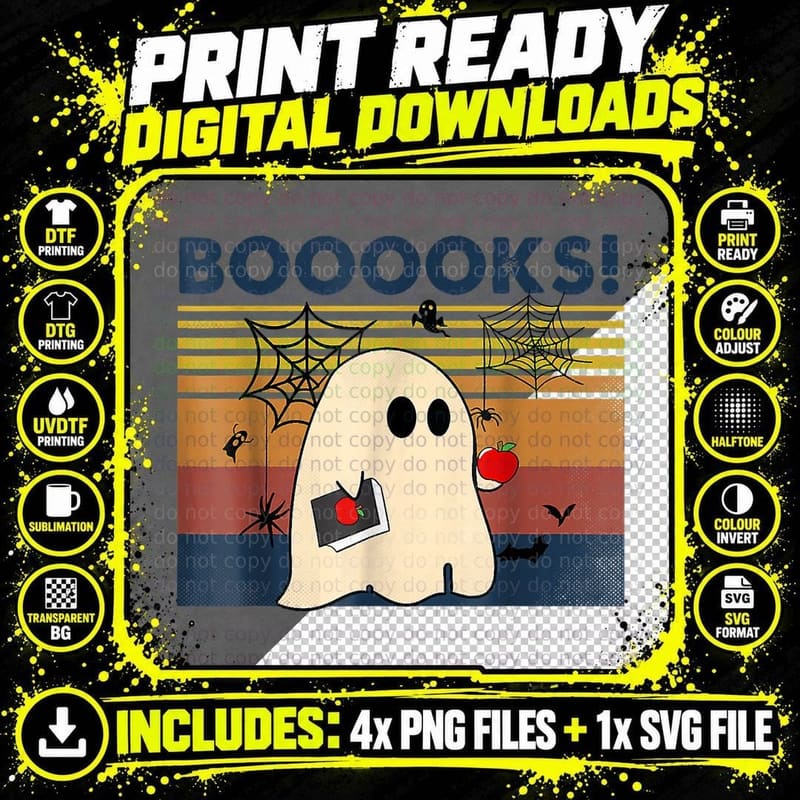 Booooks! Cute Ghost Reading Books Funny Teacher Png SVG Digital Bundle