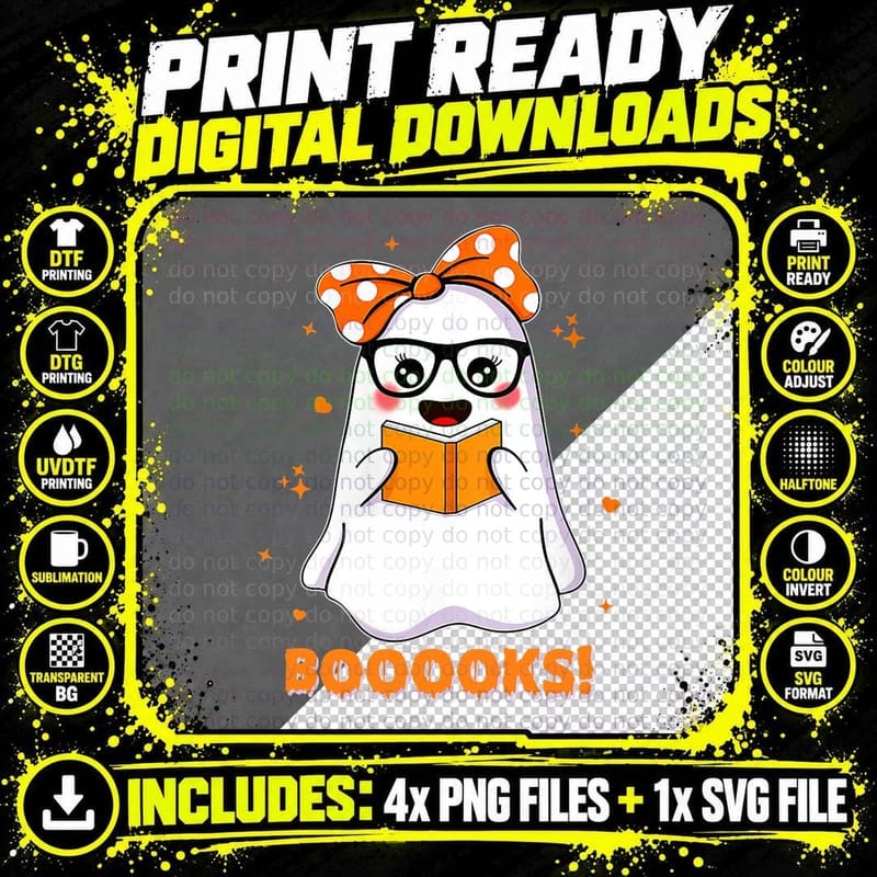 Booooks! Cute Ghost Reading Library Books Halloween Png SVG Digital Bundle