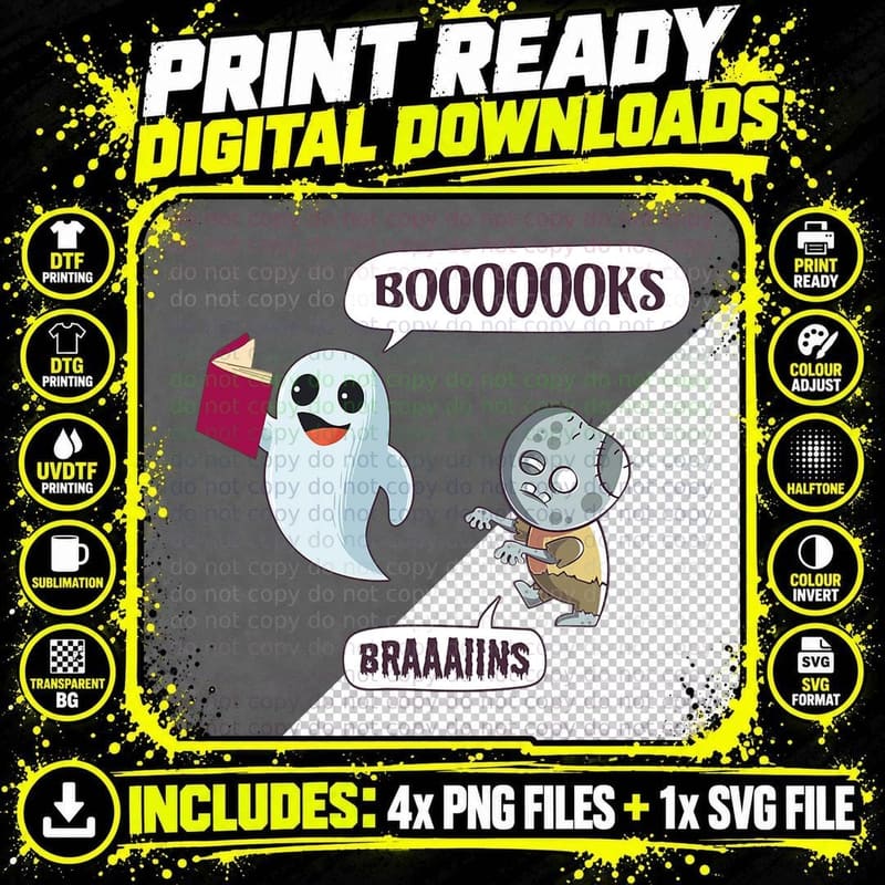 Booooooks Braaaiins Funny Halloween Ghost and Zombie Png SVG Digital Bundle