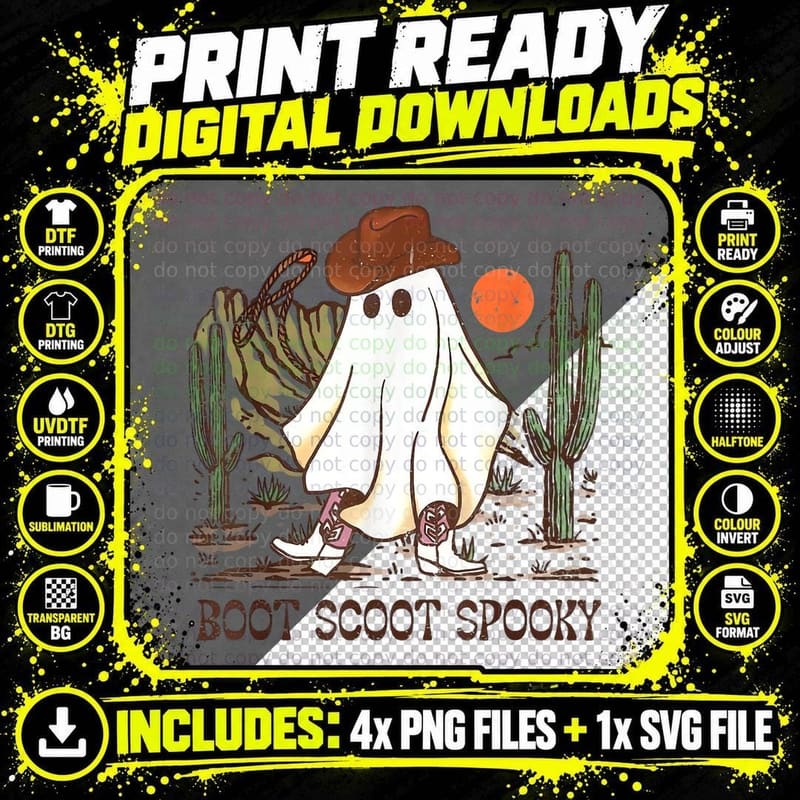 Boot Scoot Spooky Ghost Western Cowboy Ghost Halloween Png SVG Digital Bundle