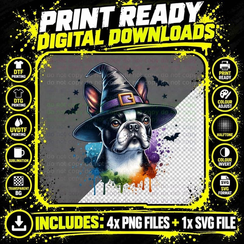Boster Terrier in Witch Hat Halloween Png SVG Digital Bundle