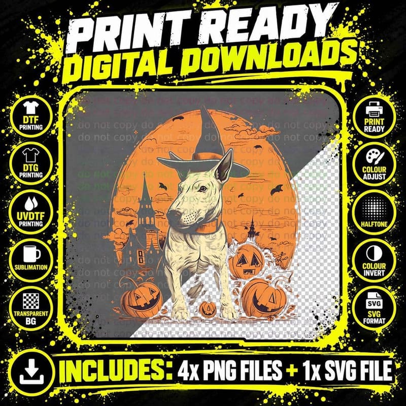 Bull Terrier Witch Halloween Costume Dog Lover Puppy Png SVG Digital Bundle